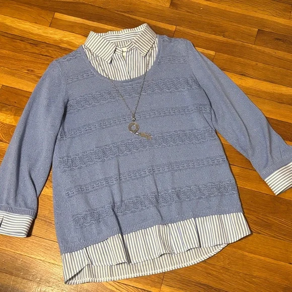 Alfred Dunner Light Blue Sweater with Blue & White Striped Attached Shirt Detail - Picture 4 of 7